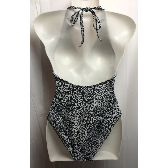 Old Navy One Piece Swimsuit Women XS Black White Animal Print Halter Padded - Picture 2 of 11